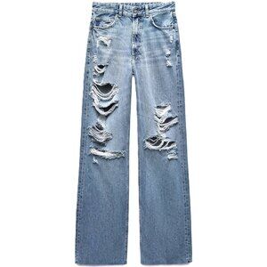 ZARA TRF Wide Long Leg Flare High Rise Baggy Distress Thrashed Jeans Size 4